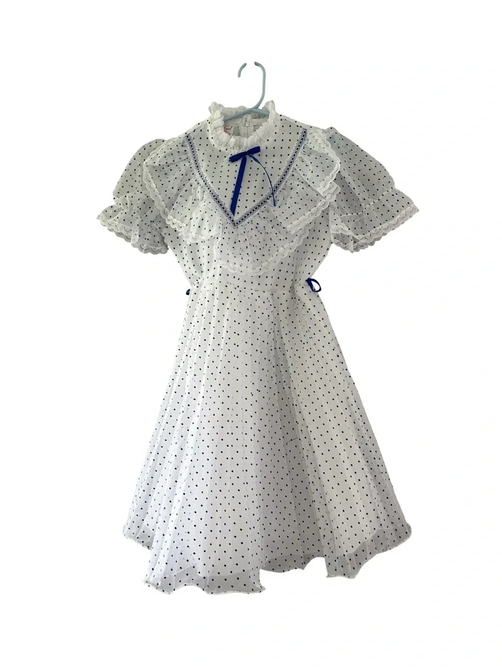 Vintage Merry Girl Party Dress White Blue Diamond Pleated Girls Size 8